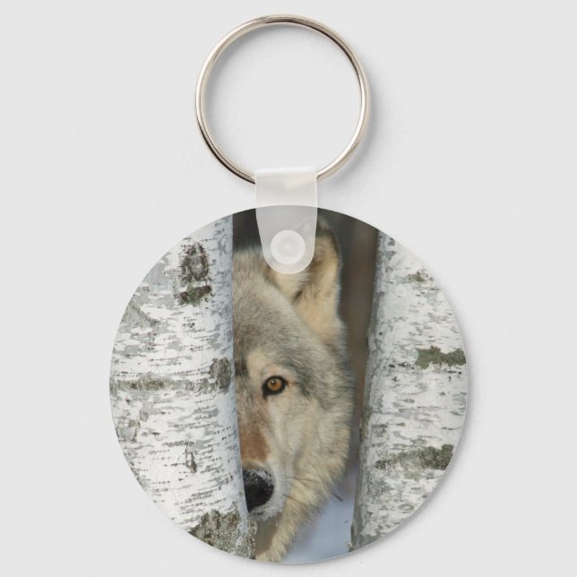 Chaveiro com foto de lobo cinza em árvores de páss (Frente)