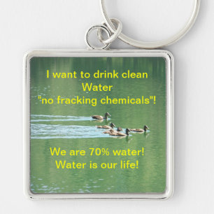Chaveiro com fotografia de um lago e slogan