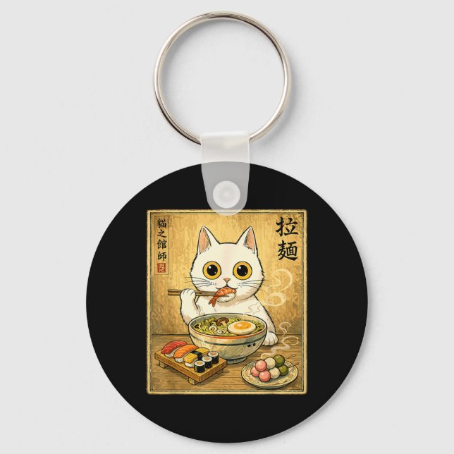 Chaveiro Comida Japonesa Ramen Sushi Gato Branco Kawaii Eng (Frente)
