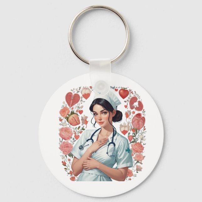 Chaveiro Compassionate Nurse – Elegant Floral Art Illustrat (Frente)