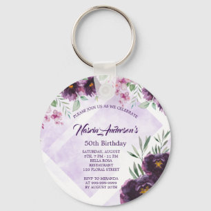 Chaveiro Convite de Aniversário Floral Roxo Elegante
