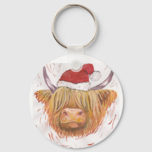 Chaveiro coo Highland Cow do Natal com chapéu de Natal