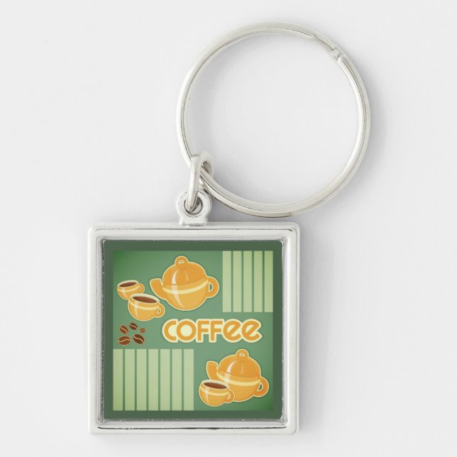 Chaveiro Copos de café, pote do café e feijões de café (Frente)