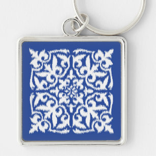 Chaveiro Cor damasco Ikat - azul de cobalto e branco