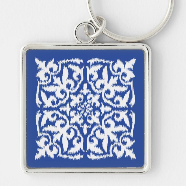Chaveiro Cor damasco Ikat - azul de cobalto e branco (Frente)