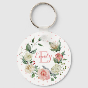 Chaveiro Cor de Água Personalizada Monograma Floral Rosa Ro