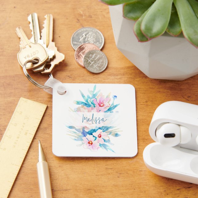 Chaveiro Cor-de-água rosa e azul, floral personalizado (Mesa)