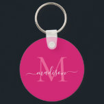 Chaveiro Cor-de-rosa Magenta Branco Monograma Nome Script M<br><div class="desc">Chaveiro de Script Moderno Elegante Elegante Magenta Magenta Cor-de-Rosa Simples Monograma Branco Monograma Branco</div>