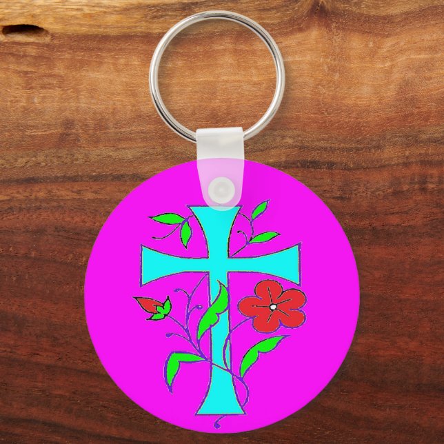 Chaveiro Cor rosa-azul com flores vermelhas cruz azul (Frente)