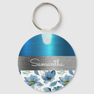 Chaveiro Coração Bonito Azul Floral Metálico Cloridrato