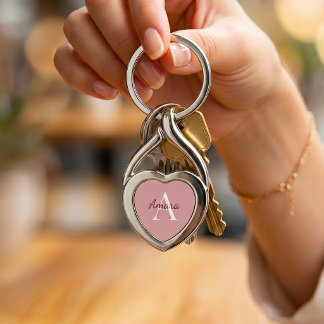 Chaveiro Coração com Nome em Rosa Chá Elegante Monograma 