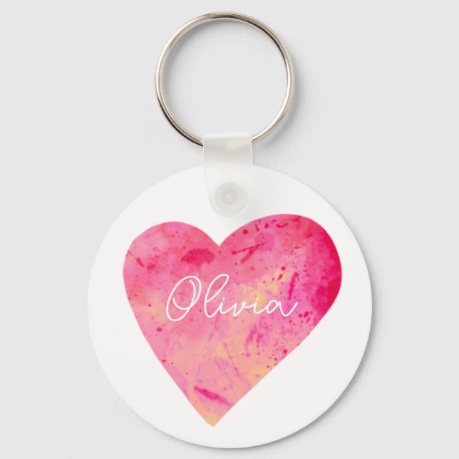 Chaveiro Coração de Aquarela Rosa-Rosa Personalizada (Frente)