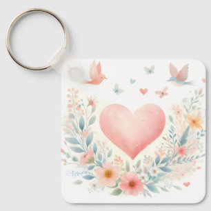 Chaveiro Coração de Aquarela Suave Amor Flores Pássaros