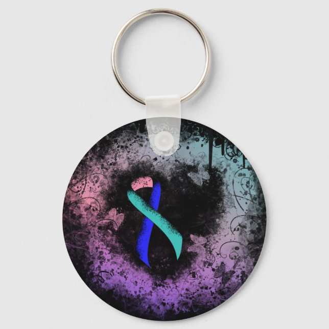 Chaveiro Coração de Grunge de Fita/Teal/Rosa/Azul (Frente)