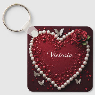 Chaveiro Coração de Pérola Vermelha Com Rosas Para Decoraçã