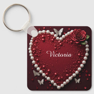 Chaveiro Coração de Pérola Vermelha Com Rosas Para Decoraçã
