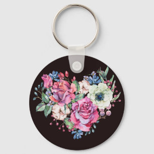 Chaveiro Coração floral de aquarelas: rosas de colheita.