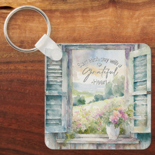 Chaveiro Coração grato aguarela floral janela 
