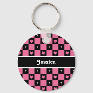 Chaveiro Corações Checkered cor-de-rosa e pretos modernos
