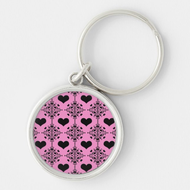 Chaveiro Corações Rosa e Preto Damask Adoráveis (Frente)