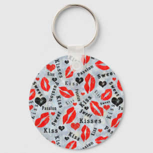 Chaveiro Corações, vermelho, preto, impressões de lábios, b