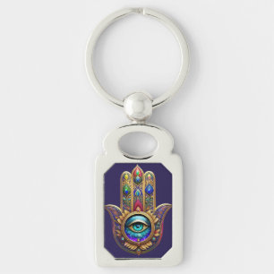 Chaveiro Cores de Pavão Dourado Hamsa Safira Terceiro Olho