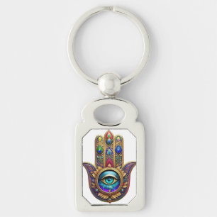 Chaveiro Cores de Pavão Dourado Hamsa Safira Verde Terceiro