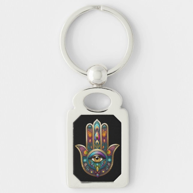 Chaveiro Cores de Pavão Hamsa com Terceiro Olho Dourado (Frente)