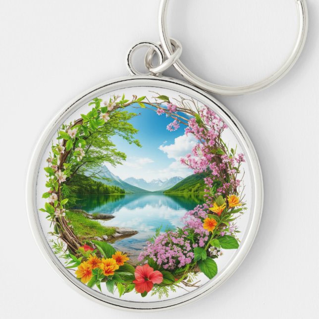 Chaveiro Coroa de Flores da Primavera Enquadrando Montanha  (Frente)
