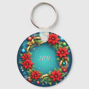 Chaveiro Coroa de Natal Festiva com Poinsettias Vermelhas