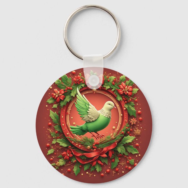 Chaveiro Coroa de Natal Festiva Com Pombo Verde (Frente)