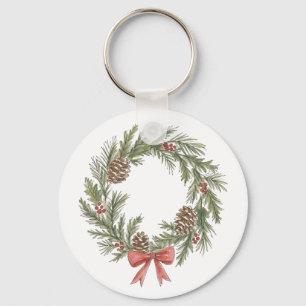 Chaveiro Coroa de Natal Rústica com Pinhas e Laço Vermelho