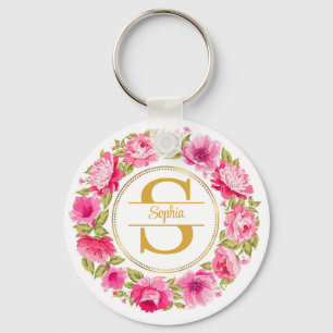 Chaveiro Coroa Floral de Peônia Rosa em Aquarela Monograma