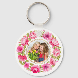 Chaveiro Coroa Floral de Rosa Rosa Elegante com Foto Person