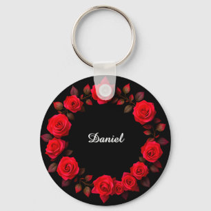 Chaveiro Coroa Floral de Rosa Vermelha em Fundo Preto