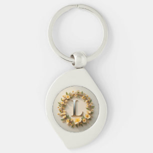 Chaveiro Coroa Floral Elegante com Letra L Dourada
