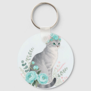 Chaveiro Coroa Floral Gato Cinza