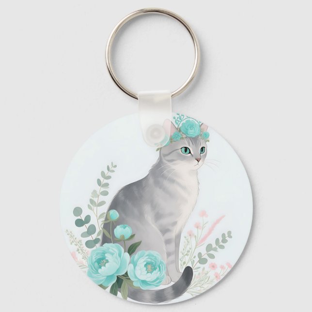 Chaveiro Coroa Floral Gato Cinza (Frente)