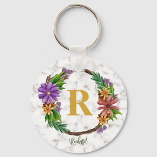 Chaveiro Coroa Floral Letra Inicial Monograma Nome Mármore