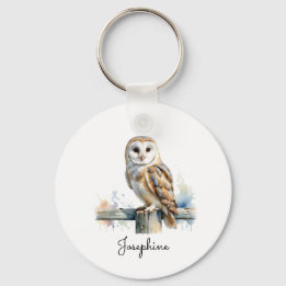Chaveiro Coruja de Celeiro em Aquarela Nome Personalizado E