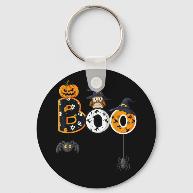 Chaveiro Coruja de Halloween com aranhas de chapéu de bruxa (Frente)