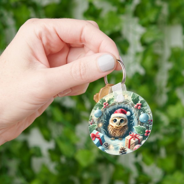 Chaveiro Coruja de Natal Adorável com Papai Noel (Mão)