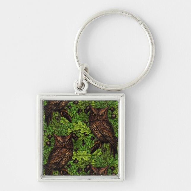 Chaveiro Corujas de carvalho, verdes e castanhos (Frente)