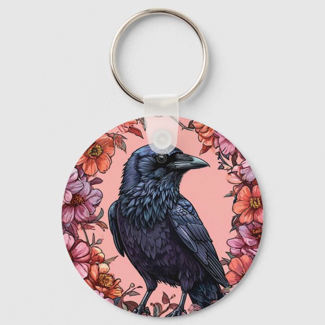 Chaveiro Corvo Preto Rodeado por Flores Rosa e Laranja (Frente)
