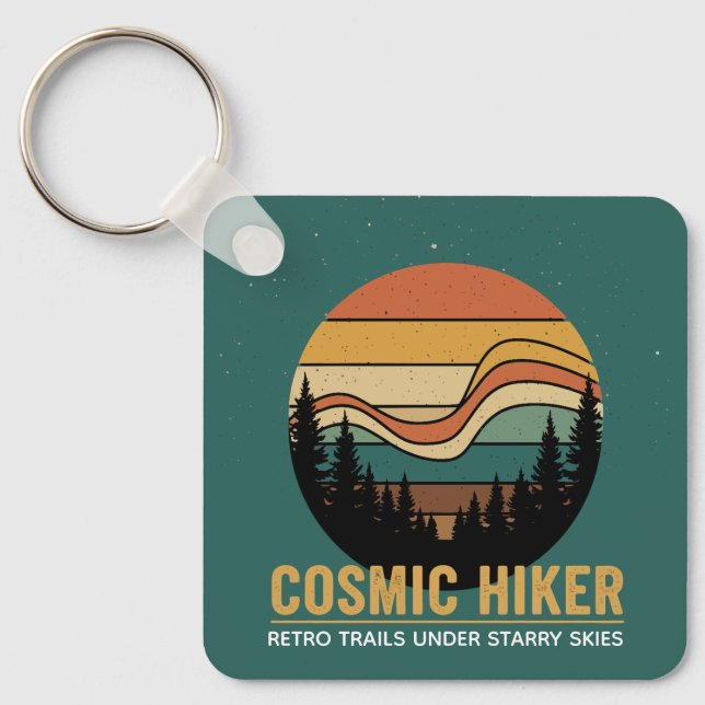 Chaveiro Cosmic Hiker Retro 70s Sunset Space Forest Stars (Frente)