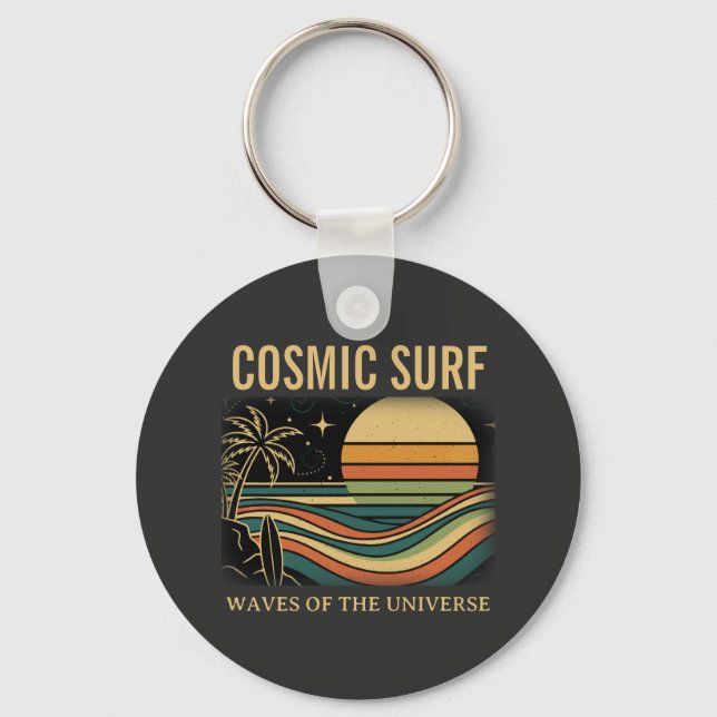 Chaveiro Cosmic Surf Retro Wave • Vintage Sunset Surfing (Frente)