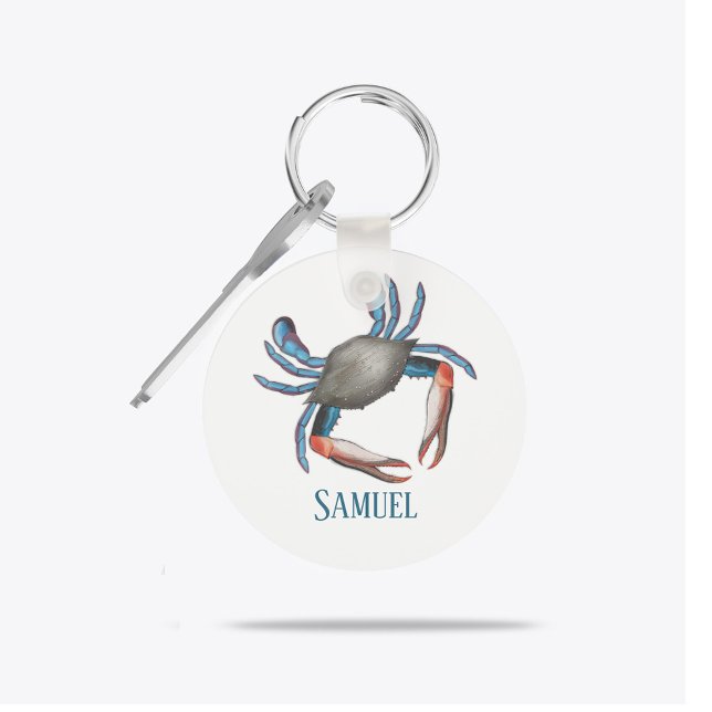 Chaveiro Costeira Náutica Do Caranguejo Azul Moderno Simple (Personalized watercolor ocean blue crab keychain with coastal style.)