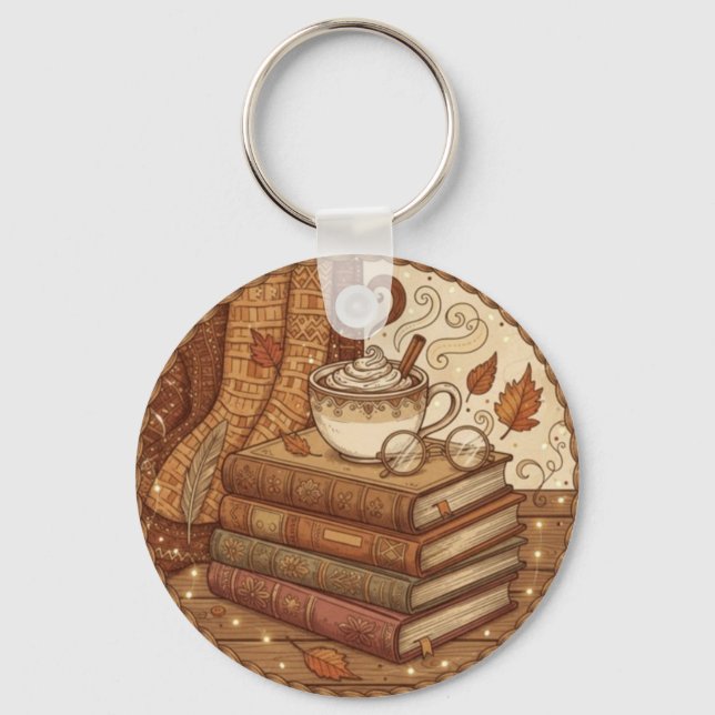 Chaveiro Cozy Autumn Books and Coffee Illustration (Frente)
