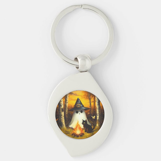 Chaveiro Cozy Halloween Ghost & Black Cat Campfire (Frente)