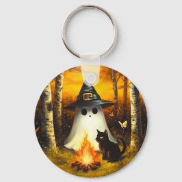 Chaveiro Cozy Halloween Ghost & Black Cat Campfire